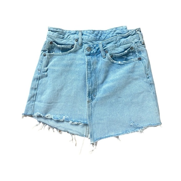 Agolde Criss Cross Denim Skirt Distressed Frayed Hem - Picture 2 of 8